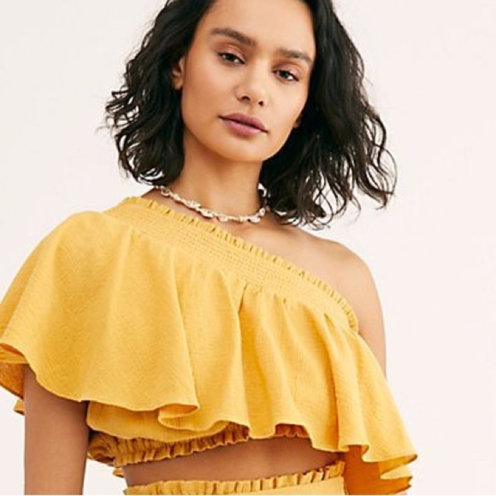 Free People Go For Drama Yellow Cotton Ruffle Smocked One Shoulder Crop top